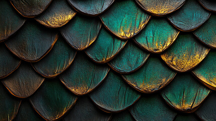 Fototapeta premium Dragon scale texture with shimmering greens and golds, fantastical and intricate