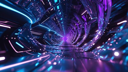 A stunning representation of technological innovation through a glowing neon tunnel illuminated by blue and purple lights