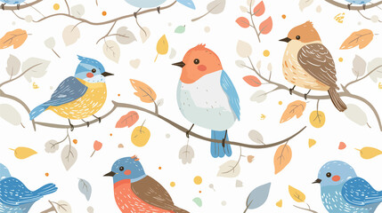 Charming Seamless Pattern with Adorable Birds and Delicate Leaves