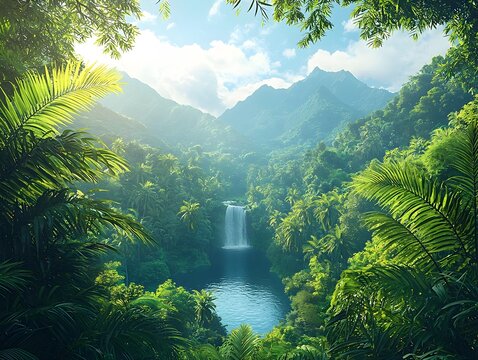Captivating Rainforest Waterfall Cascading into Lush Tropical Haven