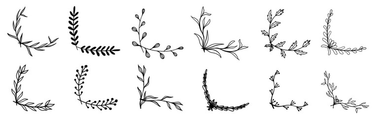 Floral frame half corner rectangle wedding flourish hand drawn doodle sketch monochrome set in minimalistic style.
