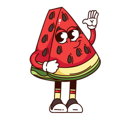 Groovy watermelon slice cartoon character waving to say hello or goodbye. Funny retro triangle piece of juicy watermelon with smile. Fruit mascot, cartoon sticker of 70s 80s style vector illustration