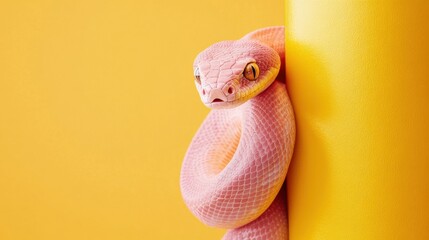 Fototapeta premium Pink snake coiled around yellow surface depicting unique coloration and reptile concept