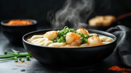 A bowl of warm udon noodles in a clear dashi soup, garnished with crispy tempura shrimp, fish cake, and chopped green onions. Served with chili flakes and sesame oil to adjust the taste.