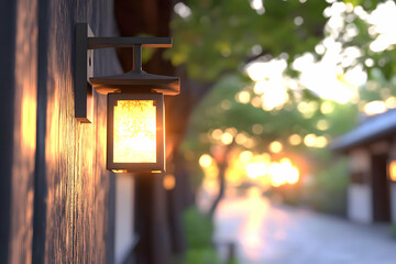 Illuminated wall lantern casts warm glow at sunset on a Japanese street, traditional houses blurred in background, ideal for travel or serenity themes
