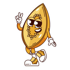 Groovy half melon cartoon character walking with V fingers. Funny retro tropical yellow melon with hippie peace gesture and vibe. Fruit mascot, cartoon sticker of 70s 80s style vector illustration