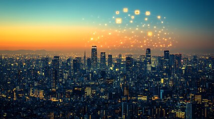 Fototapeta premium Night Cityscape Illuminated With Digital Network Connections