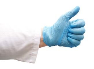 Gloved hand giving thumbs up in blue latex glove signifying approval and hygiene