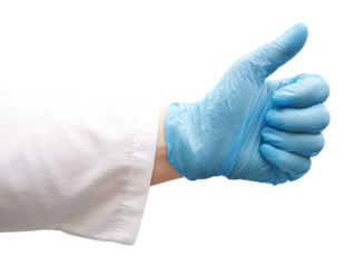 Gloved hand giving thumbs up in blue latex glove signifying approval and hygiene