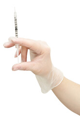 Caucasian female hand in medical glove holding a syringe with needle