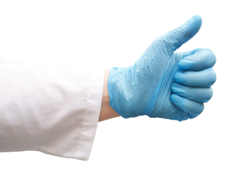 Gloved hand giving thumbs up in blue latex glove signifying approval and hygiene