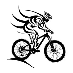 Obraz premium A cyclist wearing a helmet rides a mountain sport bike. Monochrome vector linear silhouette in tribal tattoo style