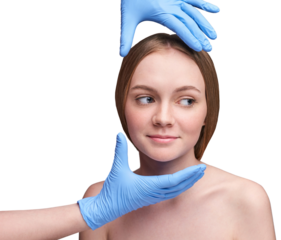 Young caucasian female preparing for cosmetic procedure with blue gloves