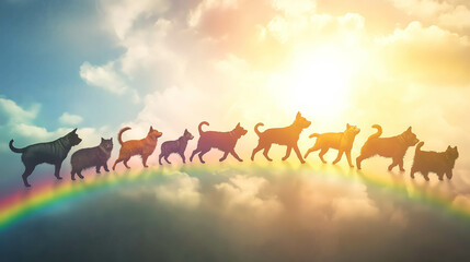 An illustration of a group of dogs and cats walking in a line across a radiant rainbow bridge under a glowing sky, symbolizing unity and remembrance. Concept of pet loss.