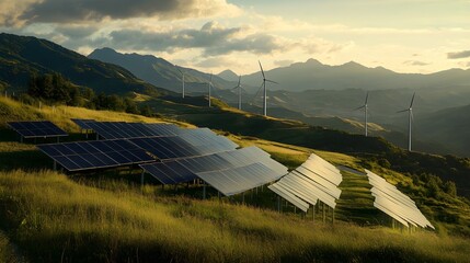 Solar panels aligned on a grassy slope with wind turbines spinning in the background, representing clean energy integration to reduce ecological impact 