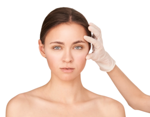 Caucasian young female examined by medical professional in gloved hand for skin