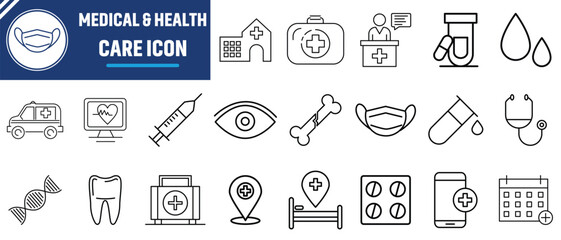 Healthcare and medical line icons set vector illustration. Hospital and medical health care icons set isolated on white background.