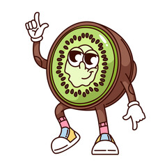Groovy half kiwi cartoon character dancing and smiling. Funny retro dance of tropical fruit with juicy green pulp and peel. Food mascot, cartoon kiwi sticker of 70s 80s style vector illustration