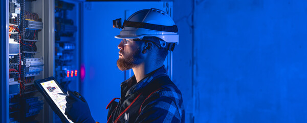 A male electrician in overalls, focused on work in switchboard with fuses, using tablet.