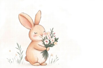 Obraz premium Cute bunny holding a bouquet of flowers in a serene outdoor setting during springtime. Generative AI