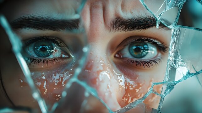 A close-up of a tear-streaked face, mirrored in a broken, fragmented mirror, where each shard reflects a different aspect of the person&rsquo;s emotional turmoil 