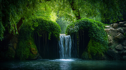 Obraz premium A tranquil waterfall pours into a calm pool, surrounded by vibrant green foliage, creating a serene atmosphere in a secluded forest area - Generative AI