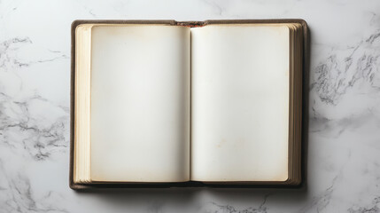 open empty modern book on marble surface, inviting creativity and inspiration. Perfect for writing or sketching ideas