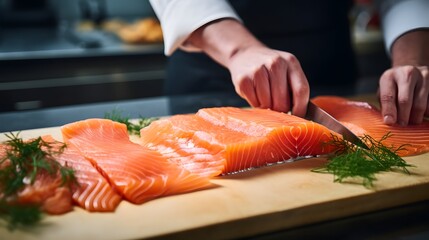 A professional chef skillfully slicing a fresh salmon fillet using a sharp knife in a commercial kitchen environment