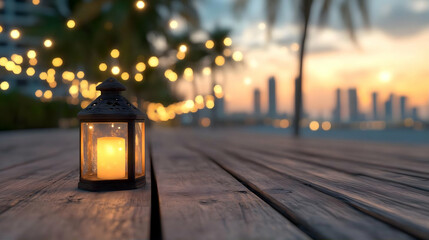 Lit lantern on wooden dock at sunset, city skyline and string lights in background; romantic, peaceful ambiance ideal for travel, vacation, or relaxation themes