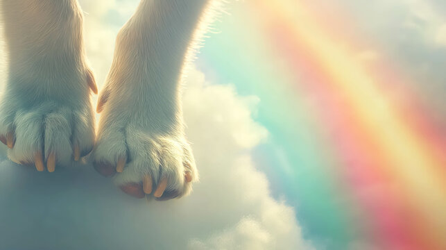 An illustration of close-up paws of a dog resting softly on a cloud with a vibrant rainbow in the background, symbolizing serenity and hope. Concept of pet loss.