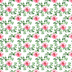 Watercolor seamless pattern with aromatic herbs and flowers, perfume bottles and eau de toilette