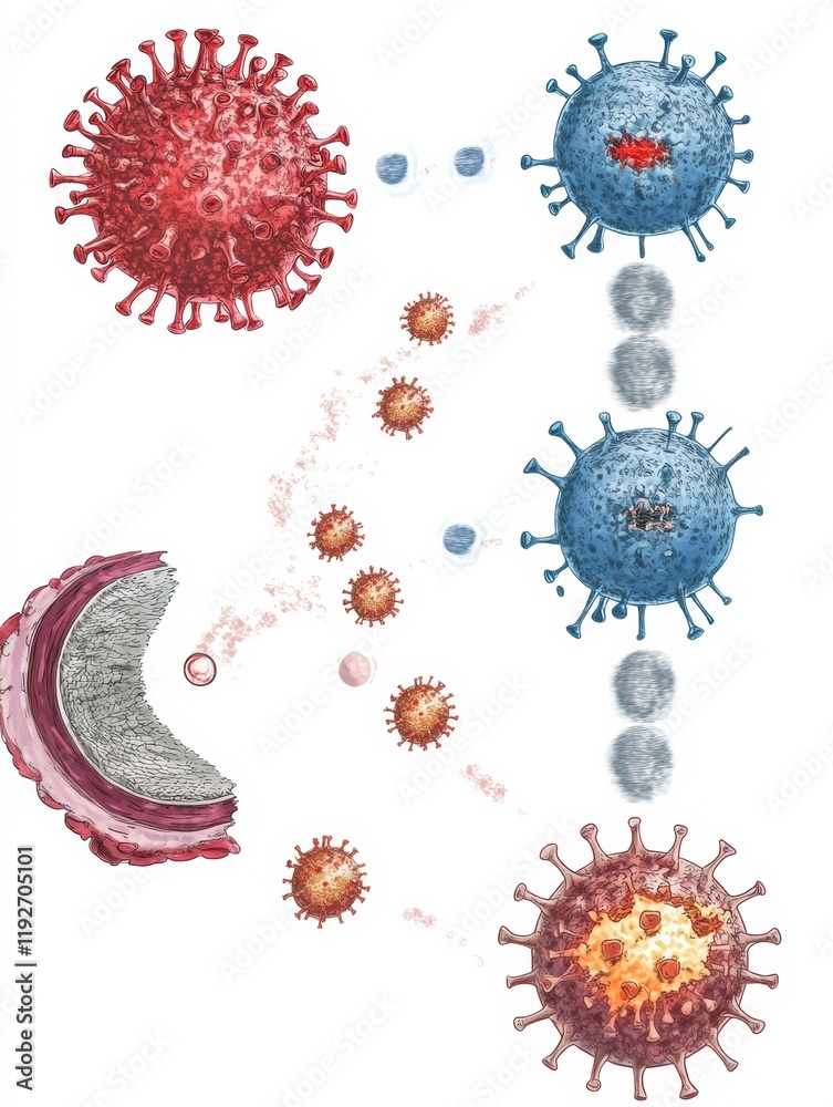 Fototapete illustrated stages of a virus lifecycle showcasing penetration, replication, and spreading processes