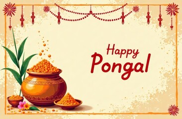 A Pongal gift card featuring detailed kolam art in soft pastel shades, a vibrant clay pot with overflowing Pongal