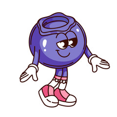 Groovy blueberry cartoon character walking with happy expression. Funny retro bilberry with cute smile on face. Berry fruit mascot, cartoon blueberry sticker of 70s 80s style vector illustration