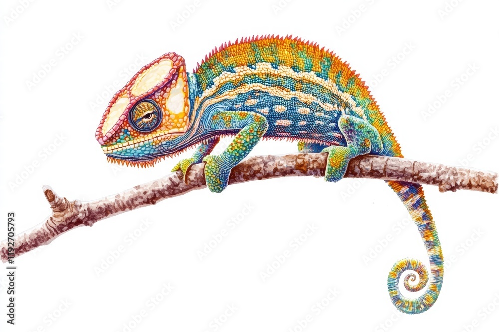 Poster Colorful chameleon perched on a branch in a vibrant natural setting. Generative AI
