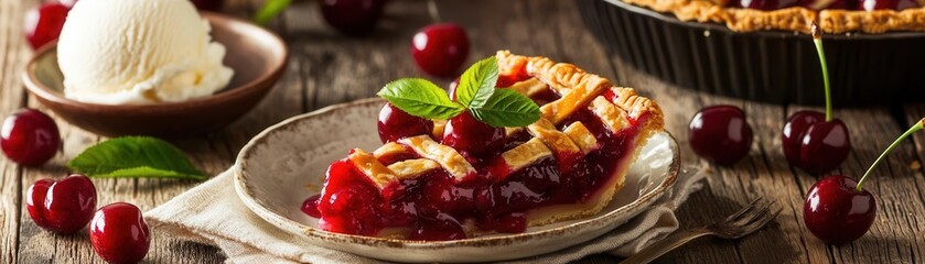 Delicious cherry pie recipe cozy kitchen food rustic environment close-up view culinary delight