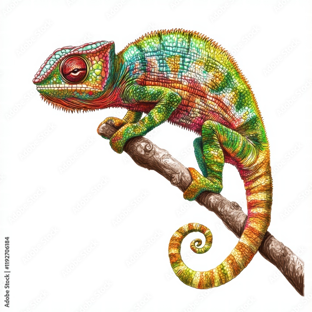 Poster colorful chameleon perched on a branch showcasing vibrant scales in an artistic illustration. genera