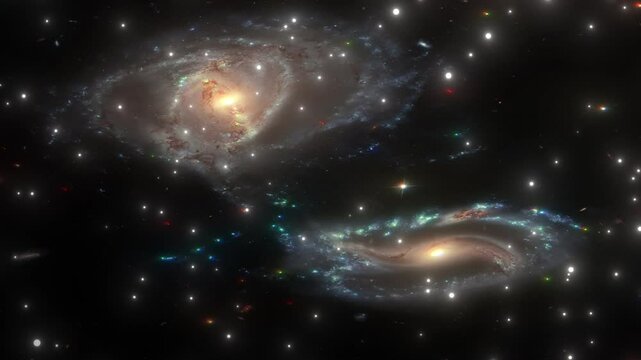 Spiral Twin Galaxy Collision Twirling Rotation With Atars Fly Through Across Interstellar Space with Millions Of Stars. Space Background 3D Abstract ProRes 4K. Elements of this image furnished by NASA
