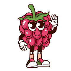 Groovy raspberry cartoon character waving to say Hi. Funny retro comic red berry in sneakers on feet greeting. Fruit, jam mascot, cartoon raspberry sticker of 70s 80s style vector illustration
