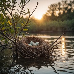 A sparrow's nest with eggs, set on a branch over a shimmering river at sunrise.