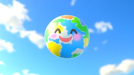 Happy cartoon Earth floating in a clear blue sky with fluffy white clouds.