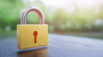 Naklejka premium Golden Padlock Securely Rests on Wood Soft sunlight enhances its protective gleam. AI Generated