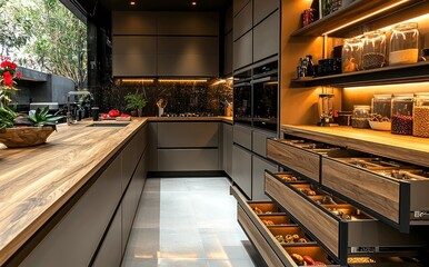 Fototapeta premium Modern kitchen with sleek design and storage.