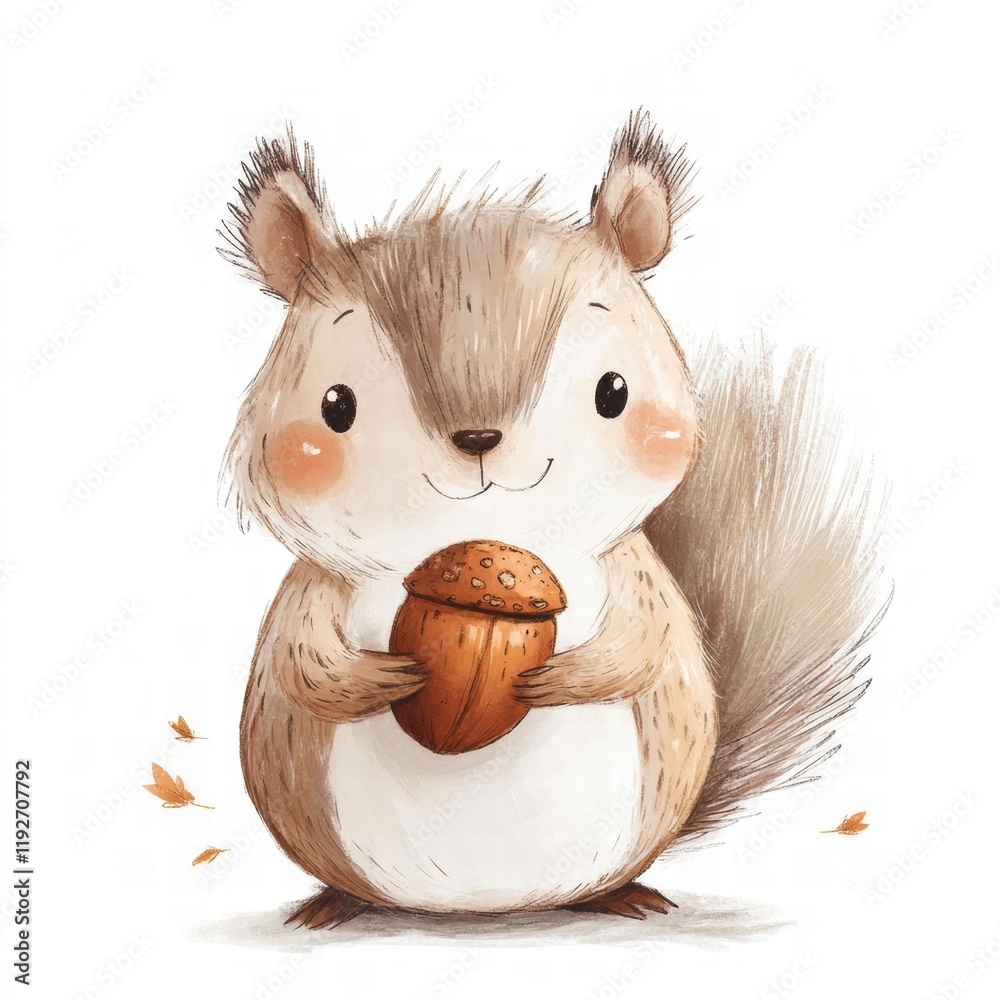 Poster Cute squirrel with acorn in paws enjoying autumn day in a whimsical forest setting. Generative AI
