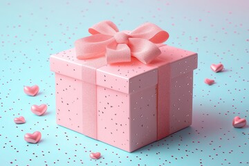Charming Pink Gift Box with Ribbon on Blue Background and Hearts
