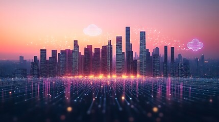 Smart City Skyline Illuminated With Digital Network Connections