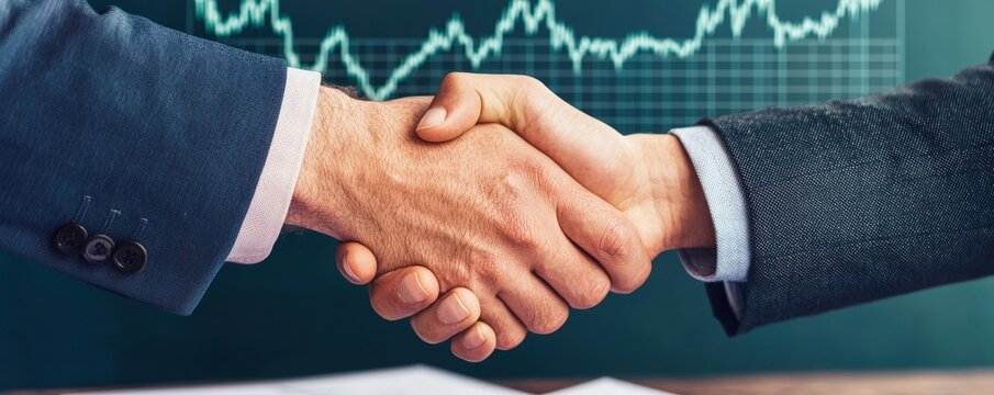 Venture Capital Funding Announcement News. Handshake symbolizing partnership and business agreement with graph backdrop.