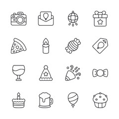 A set of black and white icons for various occasions, including a camera, pizza