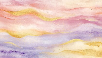 Romantic pastel watercolor background with soft brushstrokes of pale rose lavender and gold