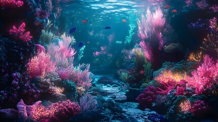 An otherworldly ocean scene with bioluminescent coral in shades of neon pink, blue, and green, casting an ethereal glow on the surrounding water. Vibrant, neon fish dart between the coral, adding 